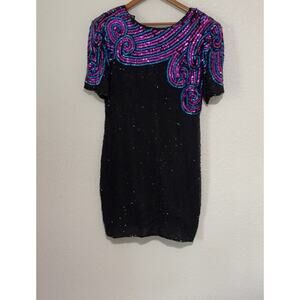 Royal Feelings Black Beaded Dress Pink Blue Sequin Pure Silk Rayon Lining Sz 10P